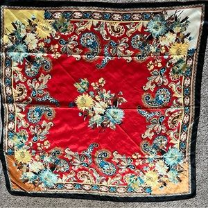 Large red silk head wrap, scarf.